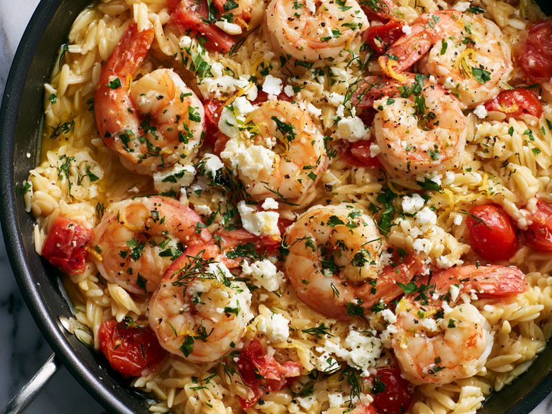 Feta cheese and fresh herbs folded into lemon shrimp orzo.