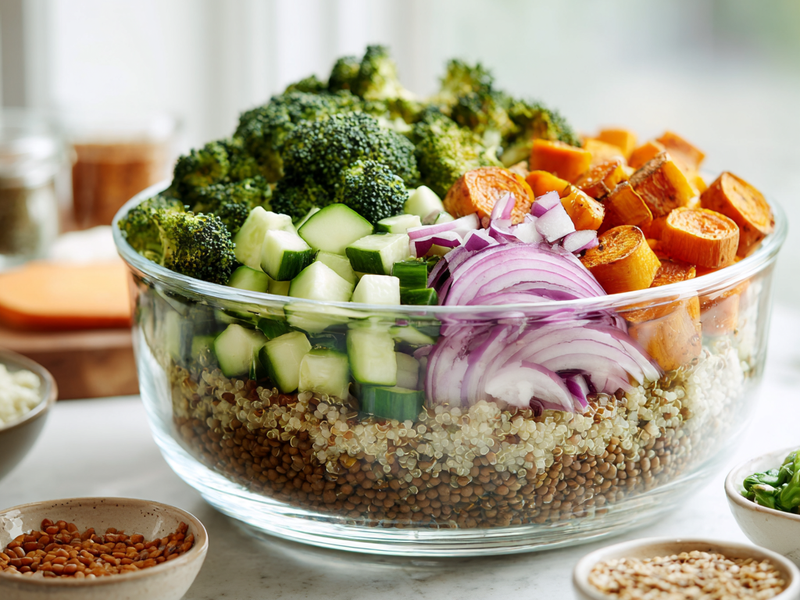 Building a bowl with quinoa and lentils topped with roasted vegetables and fresh cucumber and onion