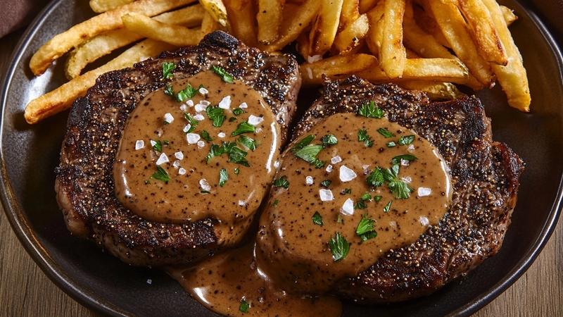 Steak au Poivre with Cognac Peppercorn Cream Sauce