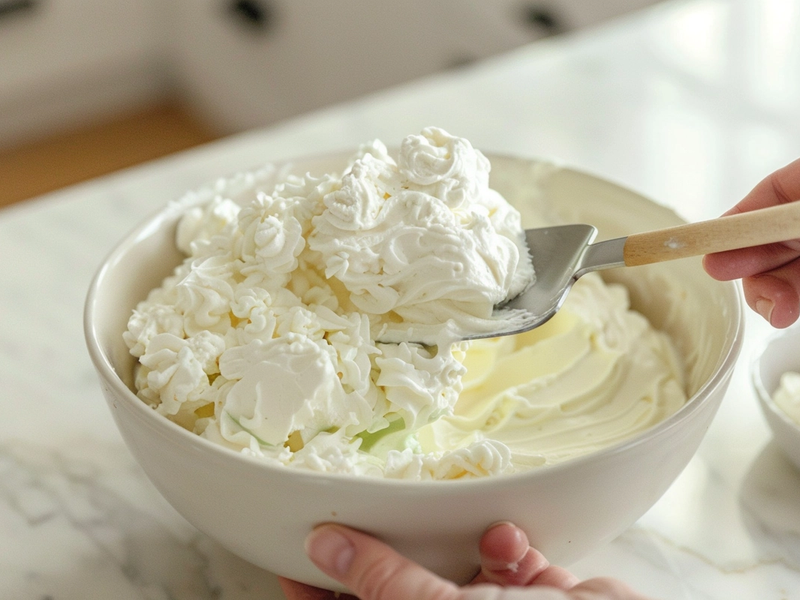 Folding whipped cream into mascarpone mixture to make matcha tiramisu cream