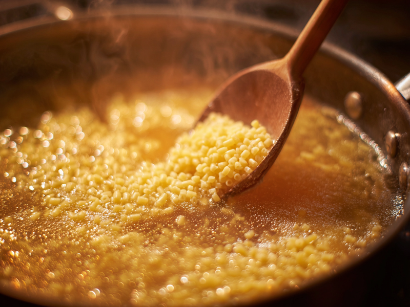 Pastina pasta cooking in chicken broth for Italian penicillin soup.