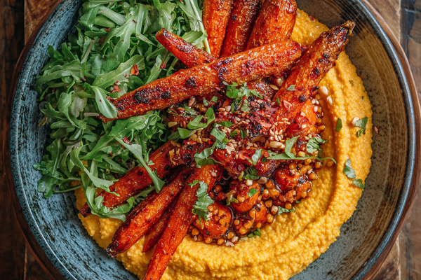 Roasted carrot hummus bowl with chickpeas, cucumber, herbs, and lemon yogurt sauce in a serving bowl.
