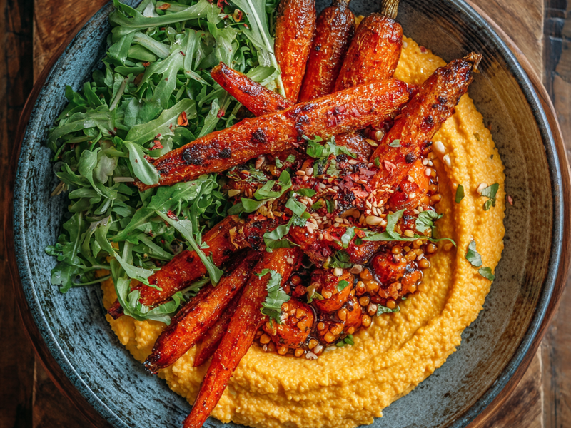 Finished roasted carrot hummus bowl served with warm flatbread.