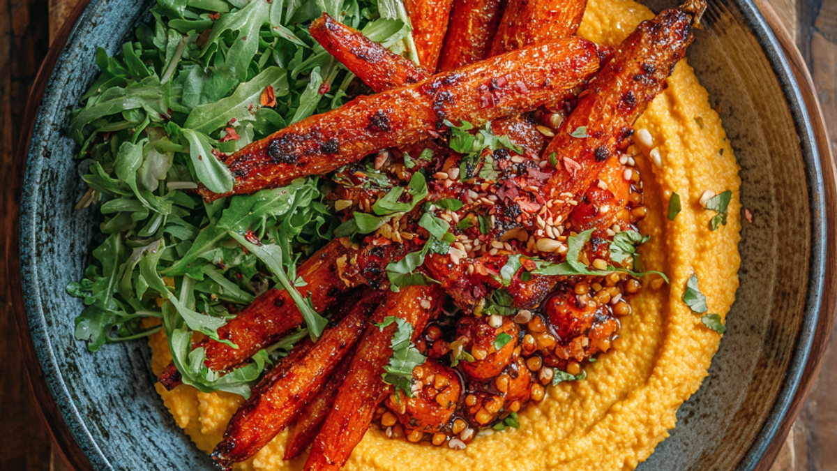 Roasted carrot hummus bowl with chickpeas, cucumber, herbs, and lemon yogurt sauce in a serving bowl.