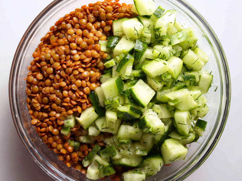 Diced cucumbers, tomatoes, and red onion placed together in a mixing bowl.