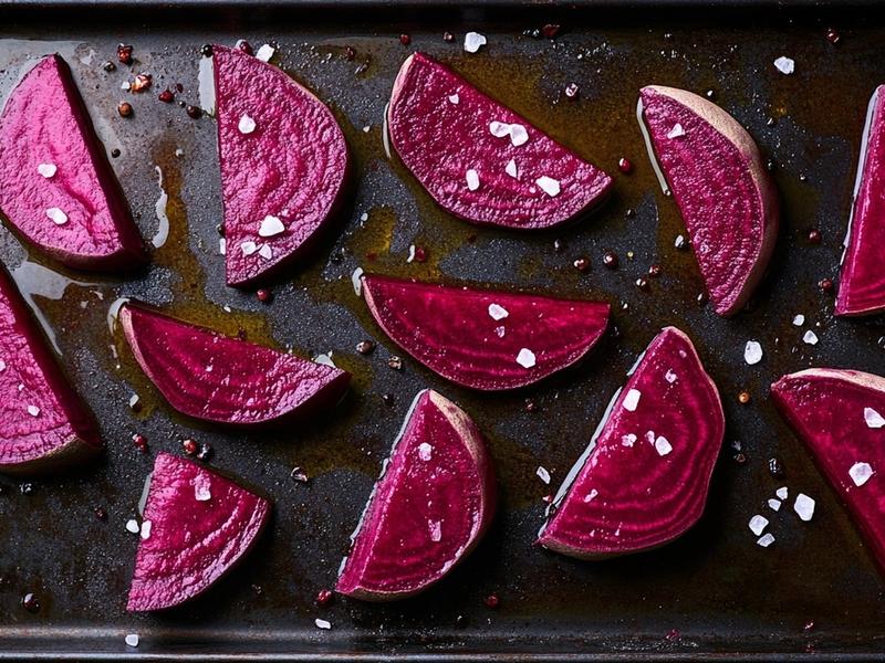 Raw beet wedges tossed in olive oil on a sheet pan before roasting