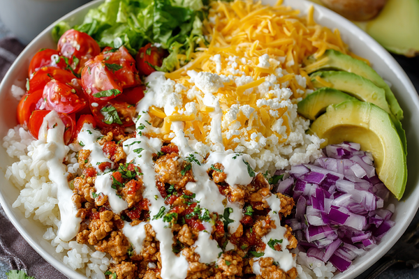 Turkey taco cottage cheese bowl with avocado, salsa, lettuce, and herbs