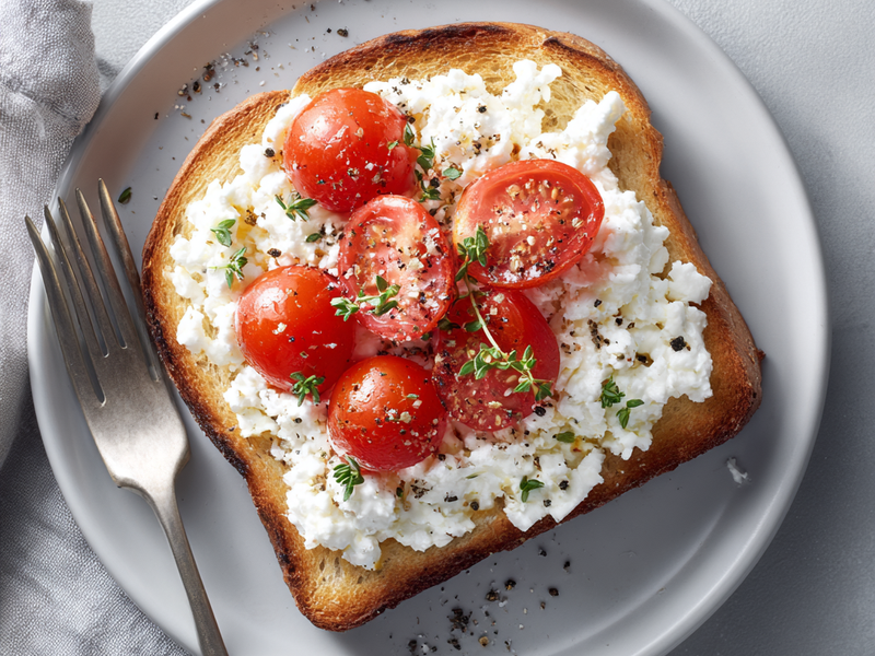Seasoning cottage cheese tomato toast with salt and black pepper