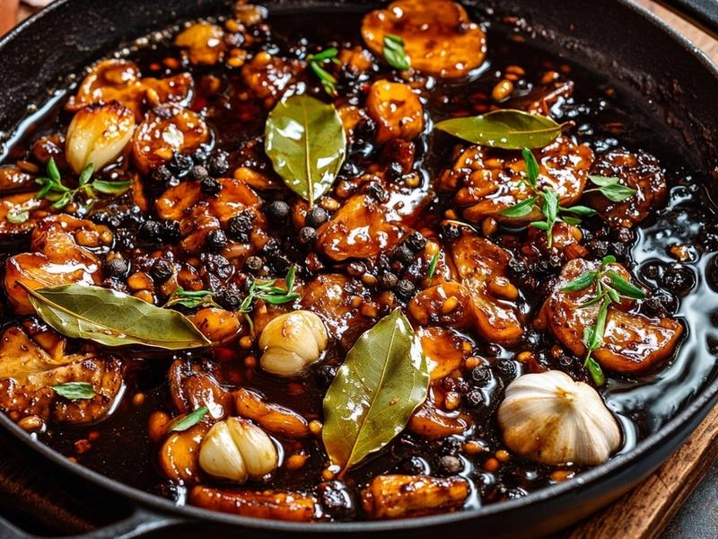 Add the smashed garlic to the rendered fat and toast until fragrant, then pour in the soy sauce, vinegar, brow