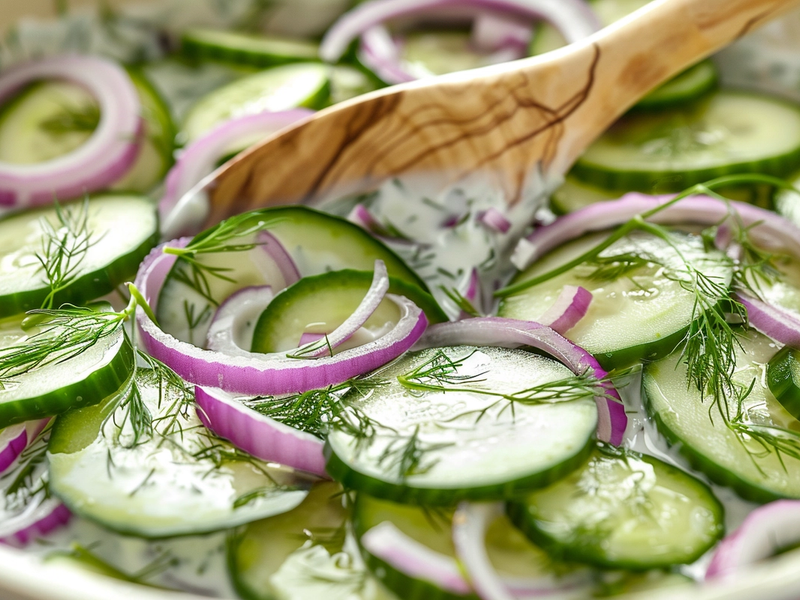 Tossing cucumbers and red onion with creamy Greek yogurt dill dressing
