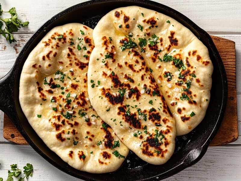 Garlic butter naan warming in a pan