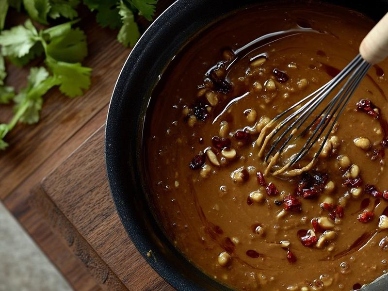 Peanut and tamarind sauce being whisked loose in a small pan