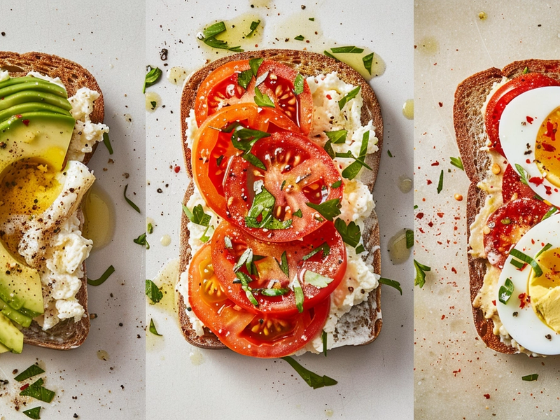 Collage showing cottage cheese tomato toast variations with avocado and olive oil, soft-boiled egg, and a spicy chili crisp topping