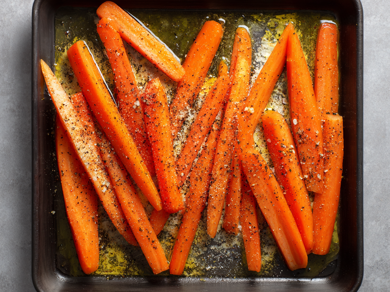 Carrot slices tossed with olive oil, paprika, cumin, salt, and black pepper.
