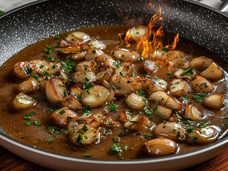 Lower the heat to medium, add the minced shallot to the same pan, and cook for 1 minute until so