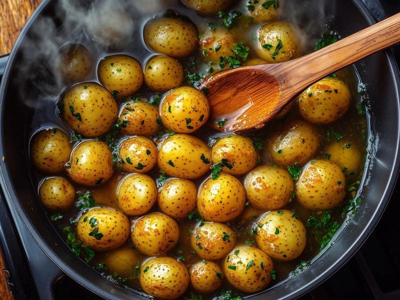 Boil baby potatoes until fork-tender, then drain and steam-dry.
