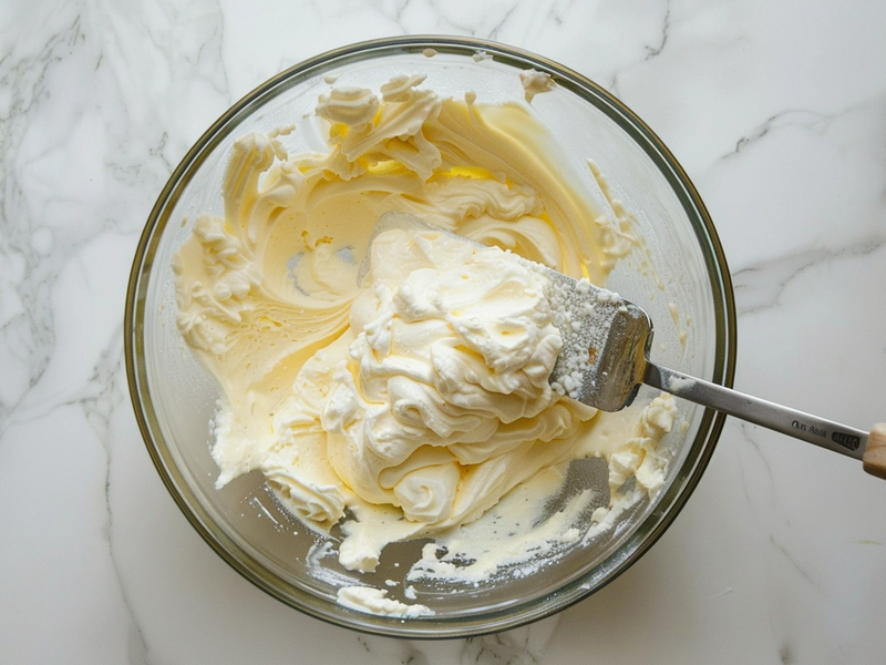 Mixing mascarpone into the yolk mixture until smooth for matcha tiramisu filling