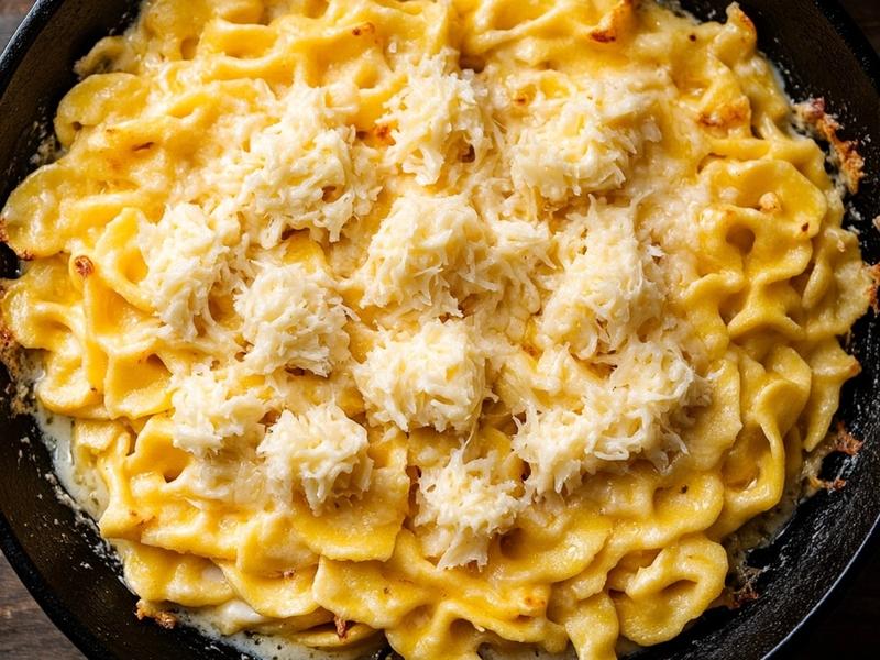 Layers of hot spatzle noodles and coarsely grated Gruyere and Emmental cheese in a cast iron skillet