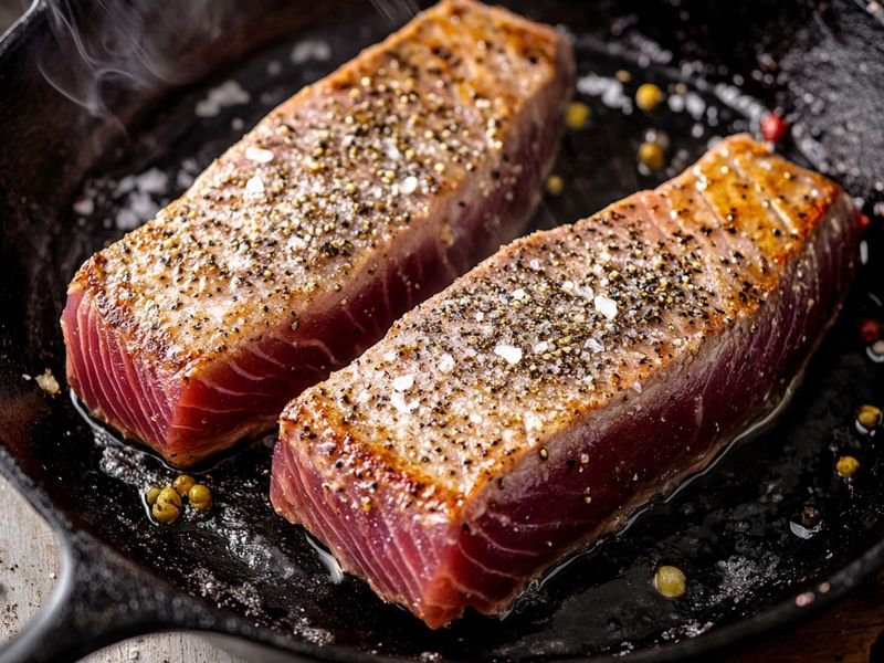 Seasoned tuna steaks searing in a hot skillet with a browned crust