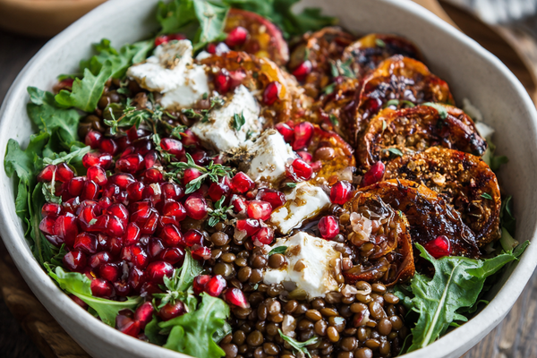 Pomegranate lentil feta bowl with cucumbers, herbs, feta cheese, and pomegranate seeds in a serving bowl.