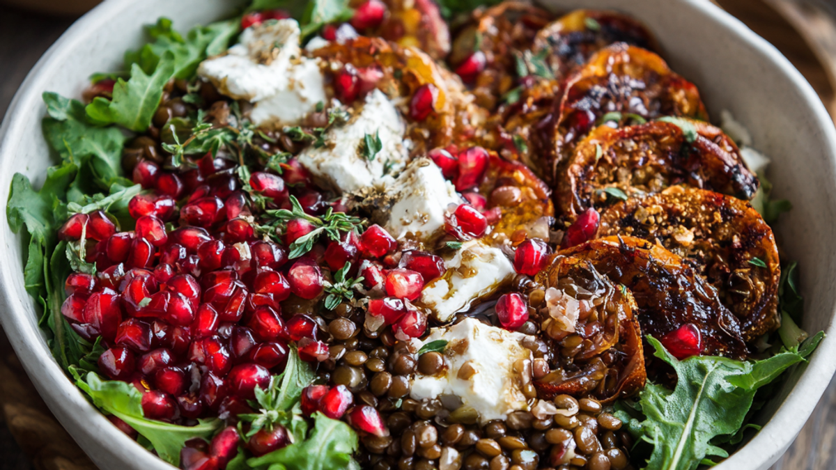 Pomegranate lentil feta bowl with cucumbers, herbs, feta cheese, and pomegranate seeds in a serving bowl.
