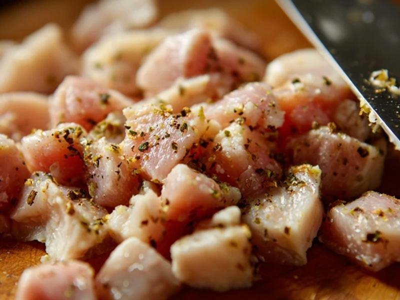 Slice chicken into bite-sized pieces and season lightly with salt and pepper.
