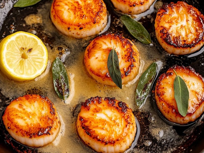Golden seared scallops basted with foaming brown butter and crispy sage