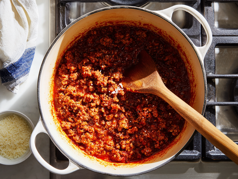 Tomato paste being stirred into browned meat in a Dutch oven to deepen bolognese flavor