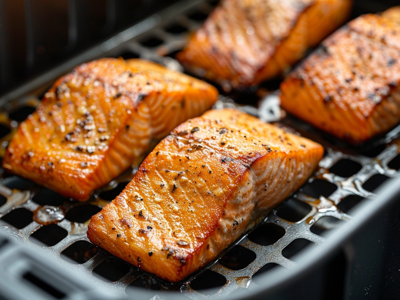 Salmon fillets cooking in an air fryer basket