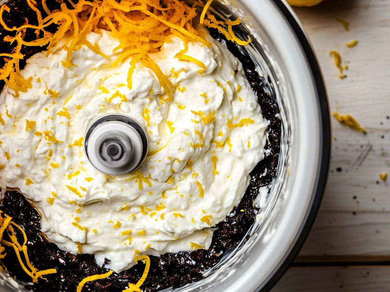 Whipped feta in a food processor with lemon zest