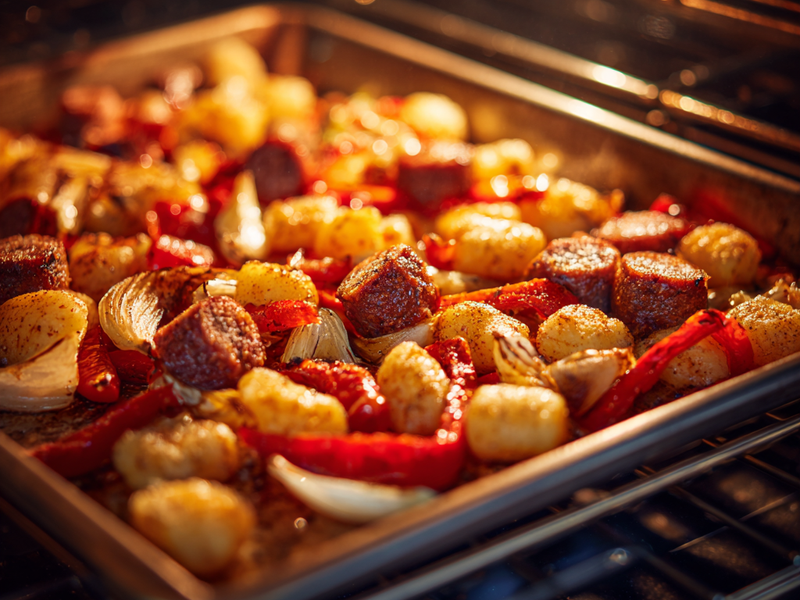 Sheet-pan gnocchi roasting until golden with browned sausage and blistered peppers
