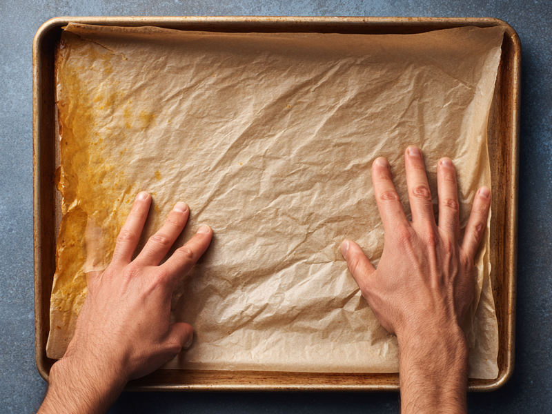 Parchment-lined sheet pan ready for sheet-pan gnocchi with sausage and peppers