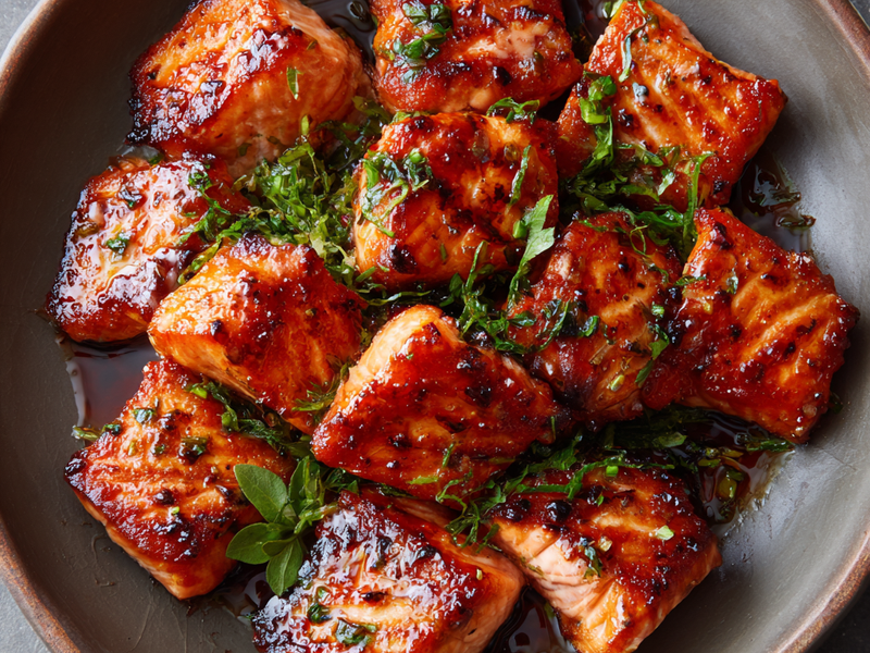 Bang bang sauce with salmon and a thermometer to prevent overcooking