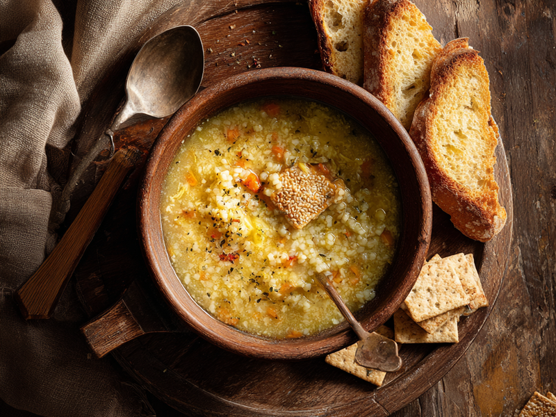Italian penicillin soup served with crusty bread, garlic toast, and crackers.