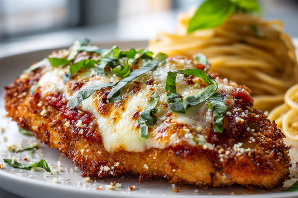 Air-fryer chicken parmesan topped with marinara and melted mozzarella on a plate