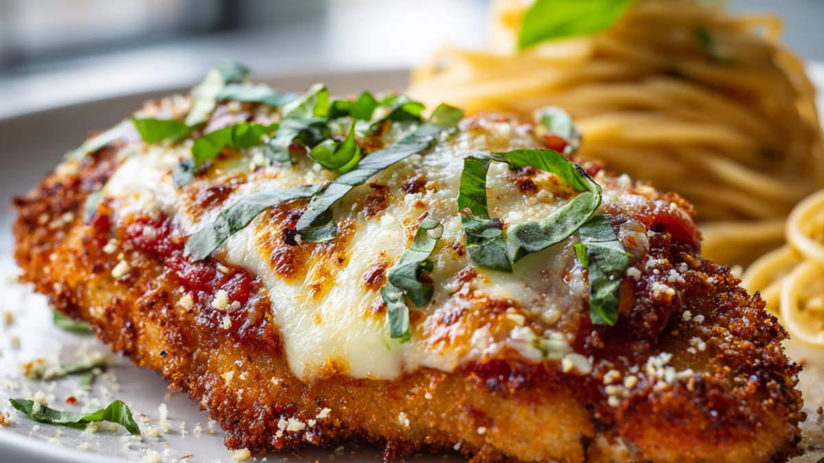 Air-fryer chicken parmesan topped with marinara and melted mozzarella on a plate