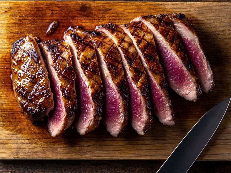 Rested duck breast sliced on a board, showing crisp skin and rosy pink centres