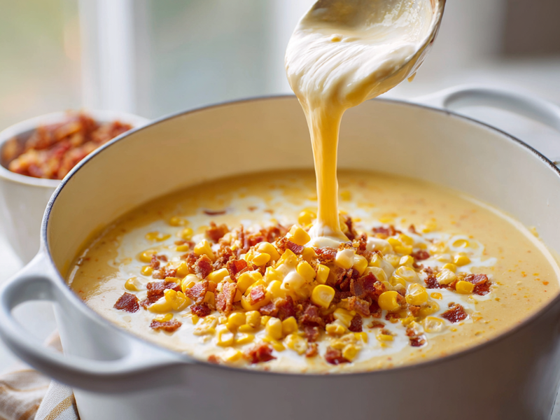 Stirring corn and cream into sweet potato chowder for a rich finish