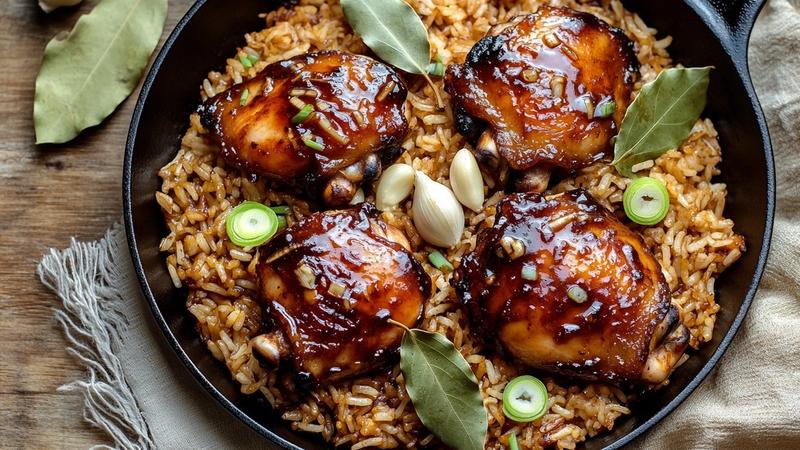 Sticky Filipino Chicken Adobo with Garlic Fried Rice