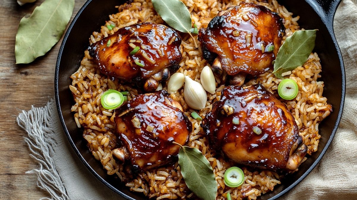 Sticky Filipino Chicken Adobo with Garlic Fried Rice