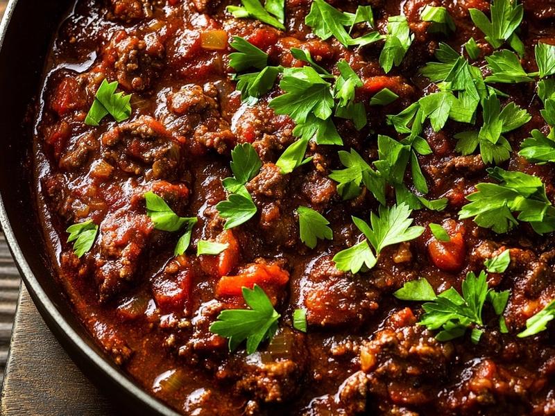 Rich red spiced beef and tomato filling simmering to a jammy consistency in a skillet with chopped parsley