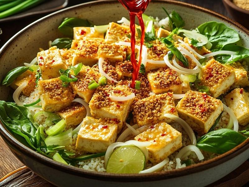 Glossy lime and chili dressing being poured over crispy tofu with sliced shallots and toasted rice powder in a bowl