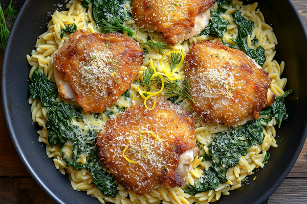 Lemony Orzo with Crispy Chicken Thighs and Wilted Spinach