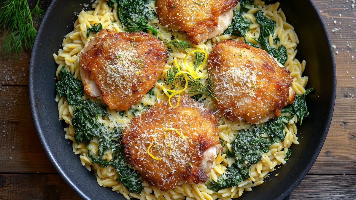 Lemony Orzo with Crispy Chicken Thighs and Wilted Spinach