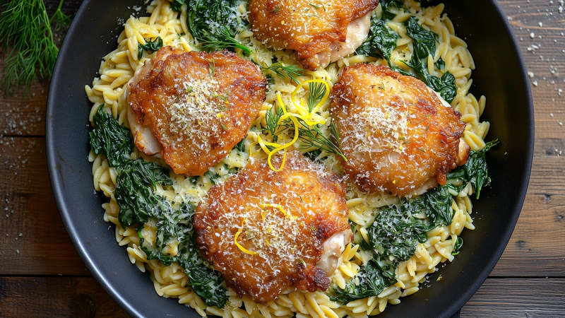 Lemony Orzo with Crispy Chicken Thighs and Wilted Spinach