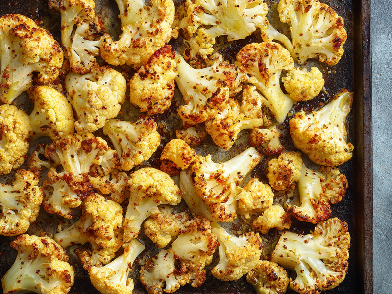 Cauliflower florets tossed with olive oil, za’atar, paprika, salt, and black pepper.
