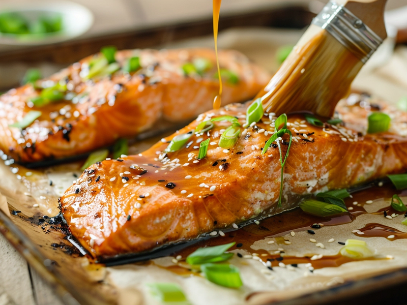 Brushing bang bang sauce over cooked salmon before serving