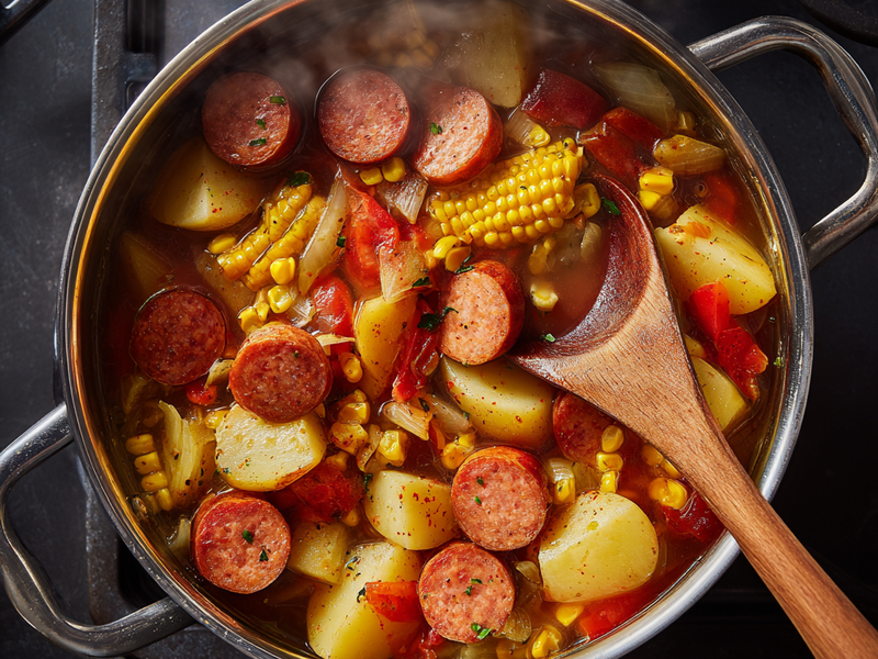 Smoked sausage rounds simmering with potatoes and corn in a Dutch oven for cabbage boil