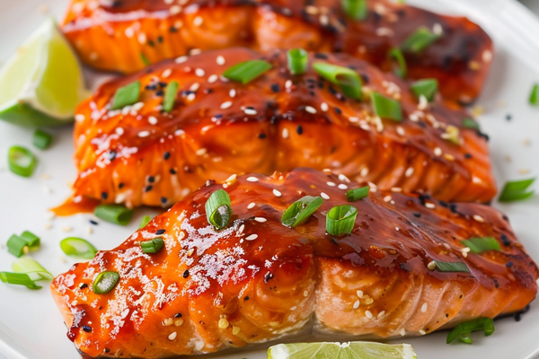 Bang bang salmon glazed with creamy sweet-spicy sauce and garnished with green onions