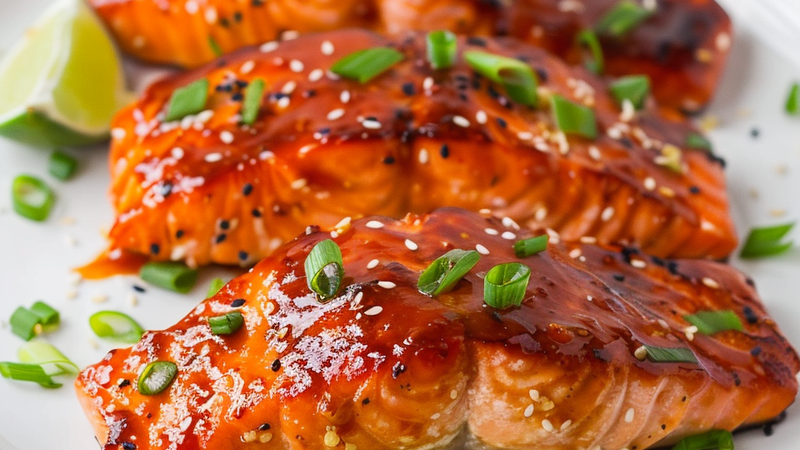 Bang bang salmon glazed with creamy sweet-spicy sauce and garnished with green onions